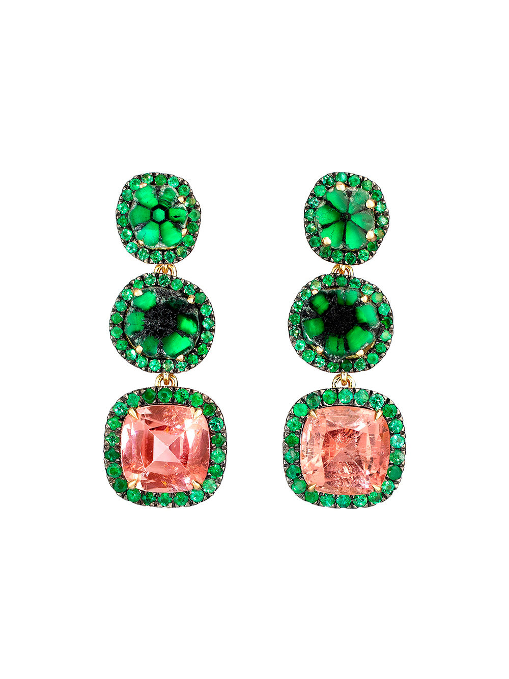 Three Tiered Emerald and Pink Tourmaline Earrings