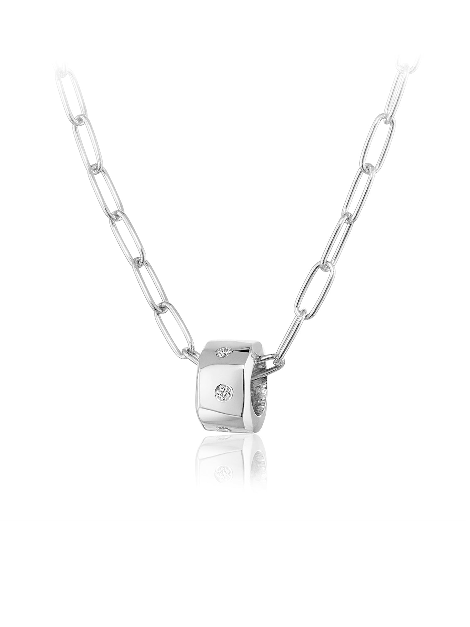 Sterling Silver Rounded Paperlink Chain with Wide Diamond Bead