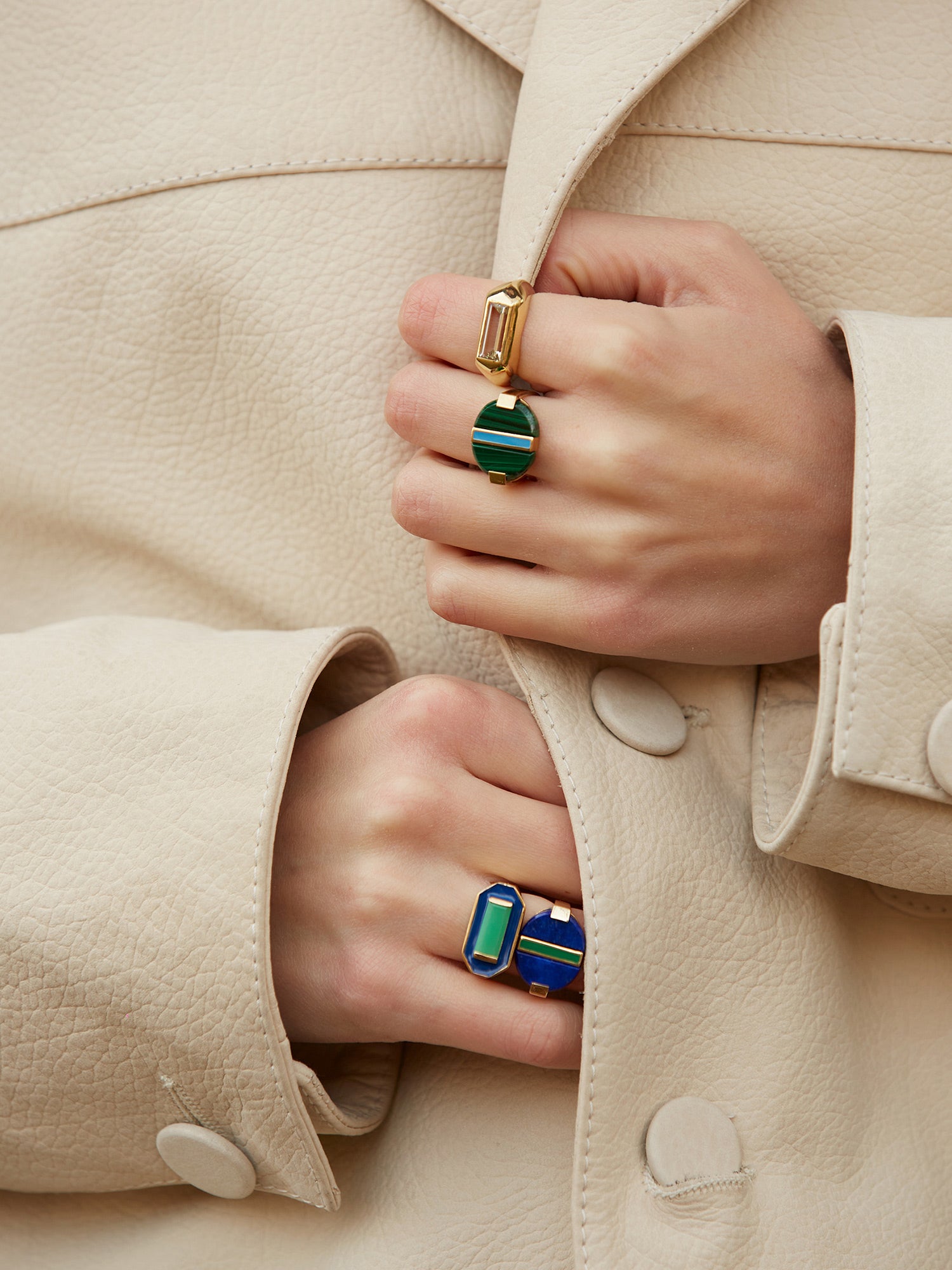 Malachite and Enamel Deco Empanada Ring