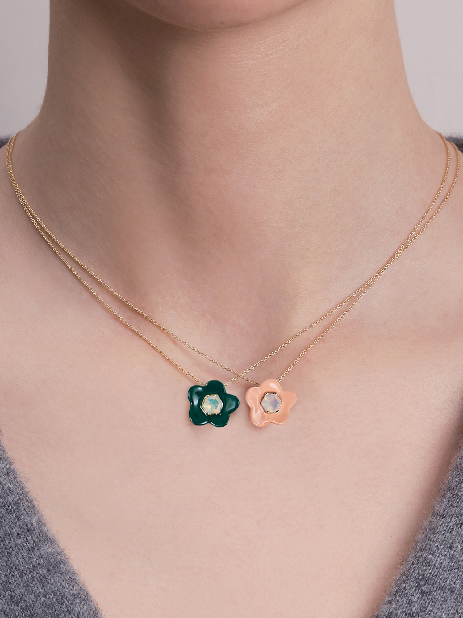 Exagonal Enamel and White Opal Flower Necklace