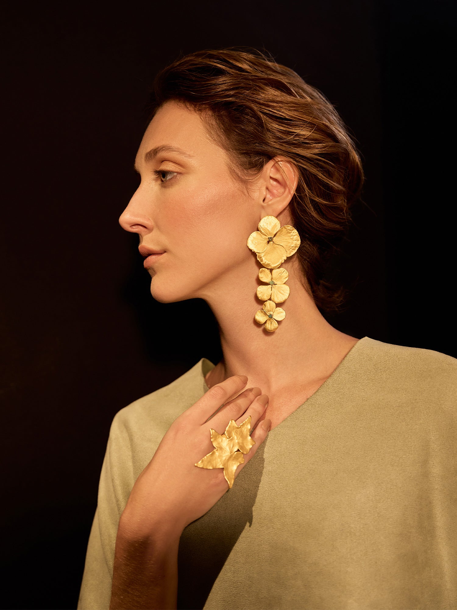 Triple Hydrangea and Rough Emerald Earrings