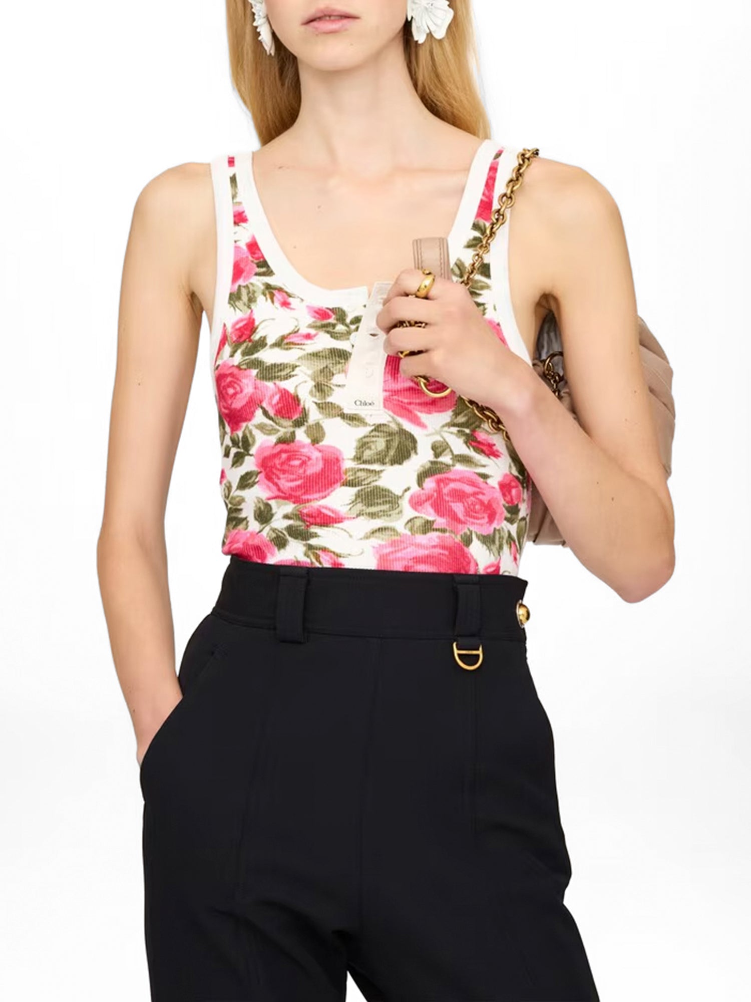 Floral Cotton Jersey Henley Tank