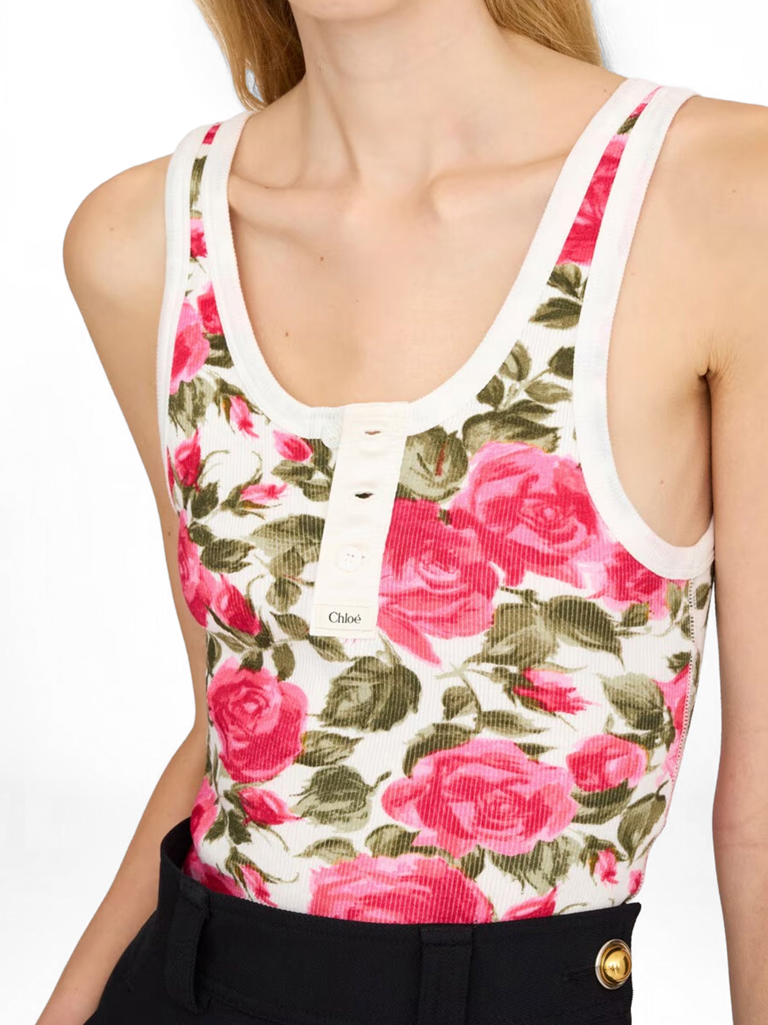 Floral Cotton Jersey Henley Tank
