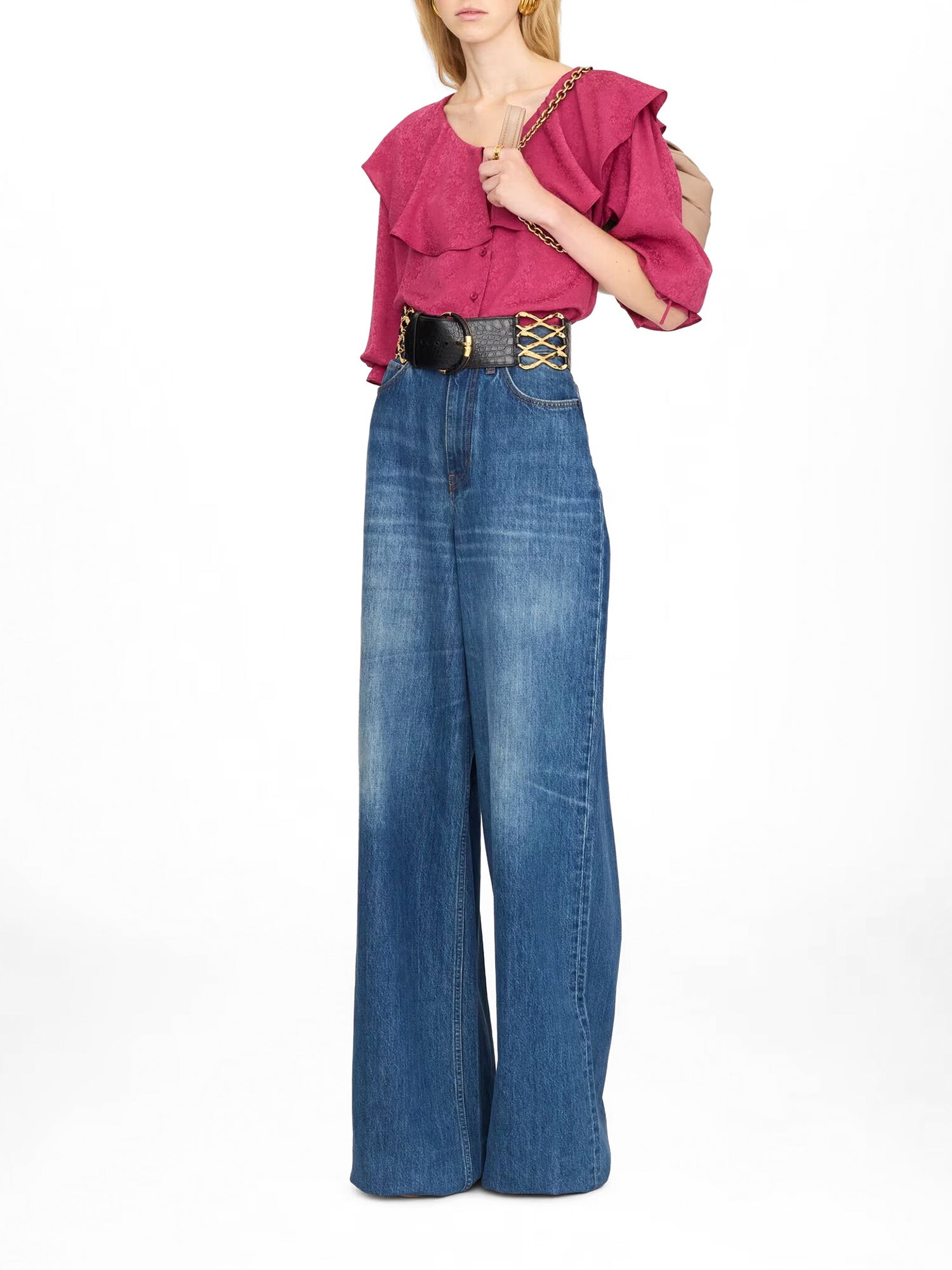 Round-Neck Silk Jacquard Ruffle Blouse