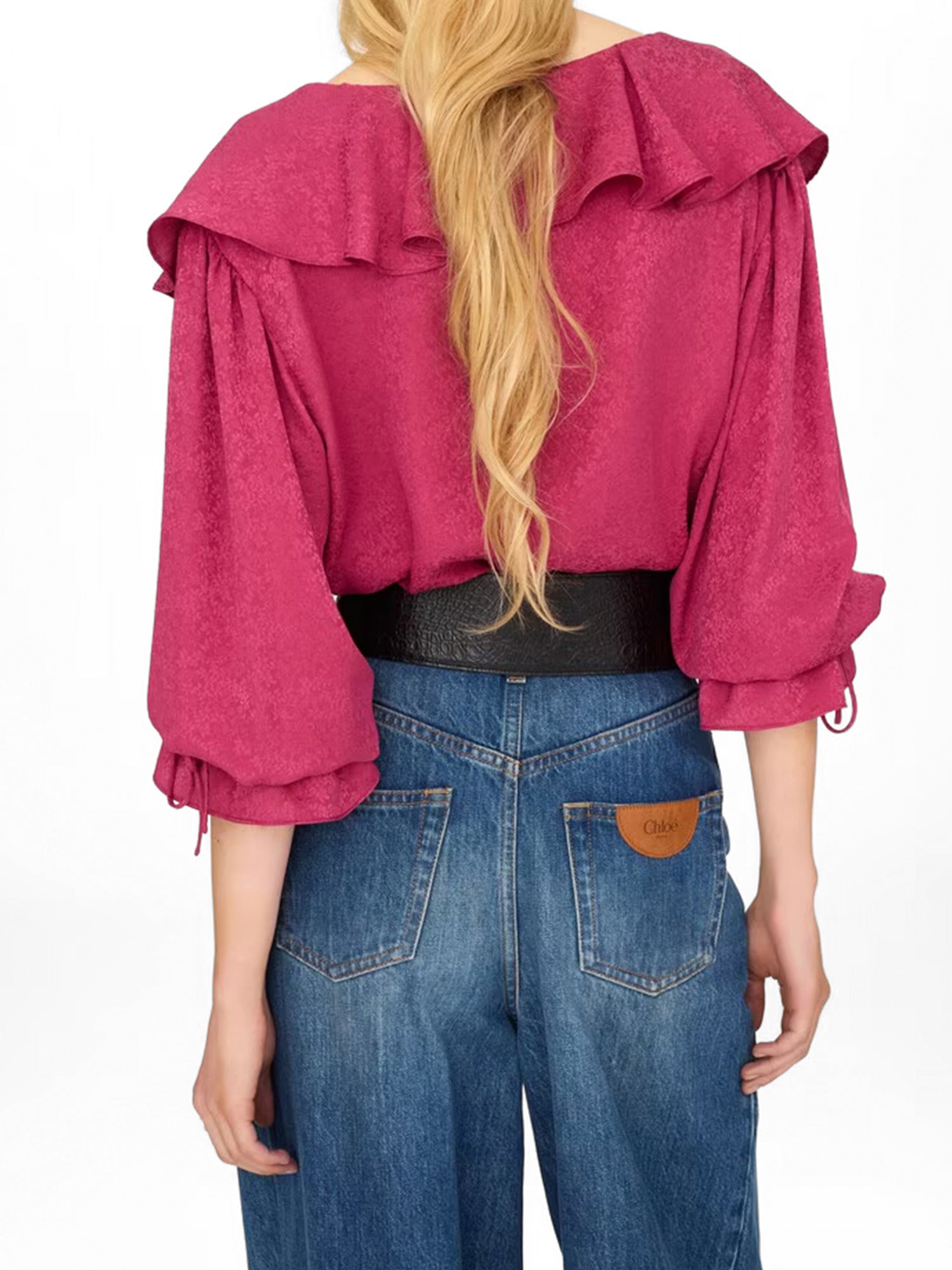 Round-Neck Silk Jacquard Ruffle Blouse