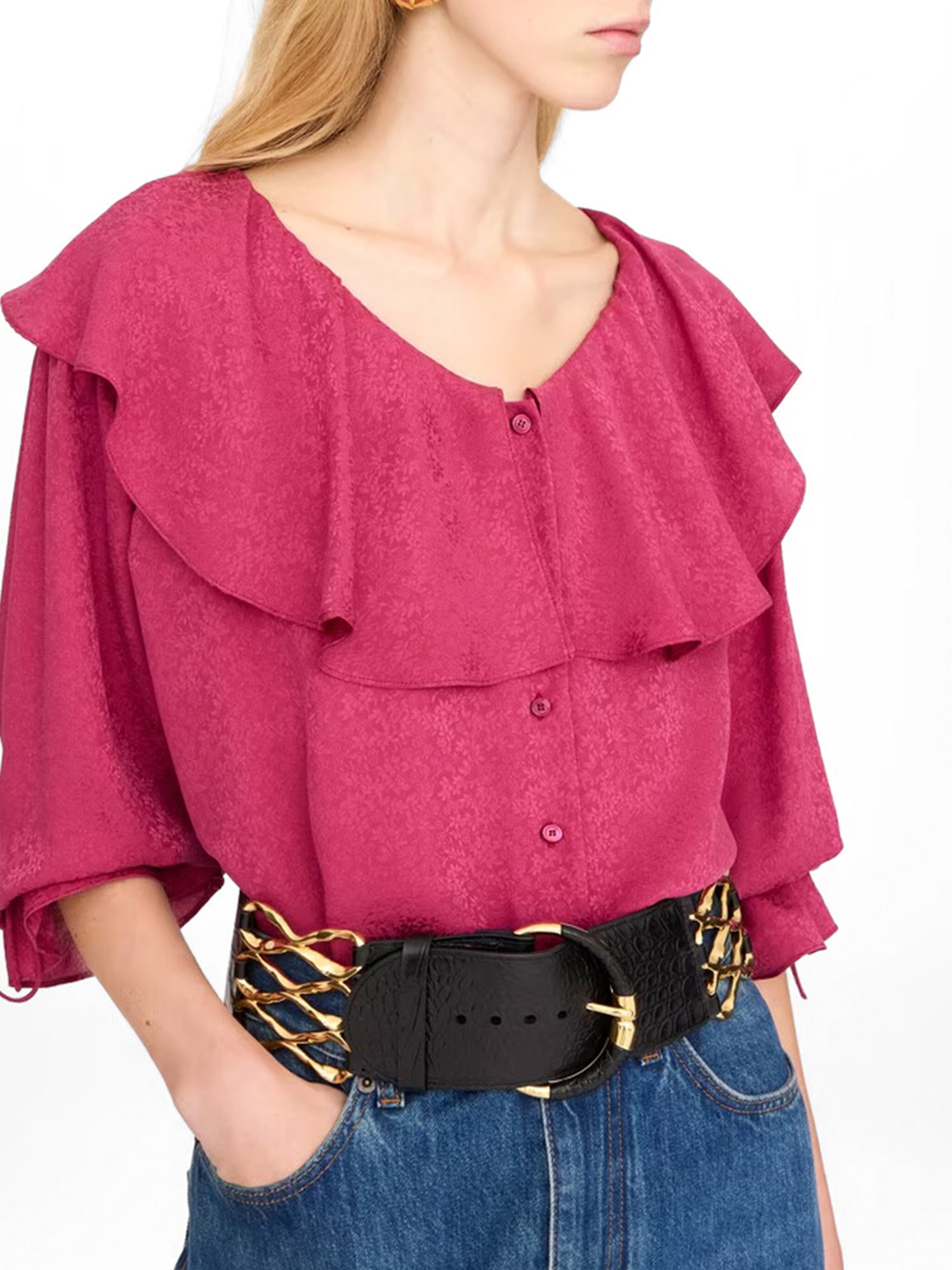 Round-Neck Silk Jacquard Ruffle Blouse