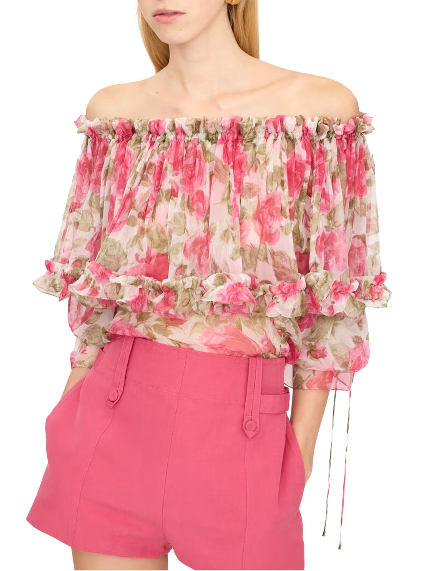 Off-Shoulder Puff-Sleeve Silk Floral Top