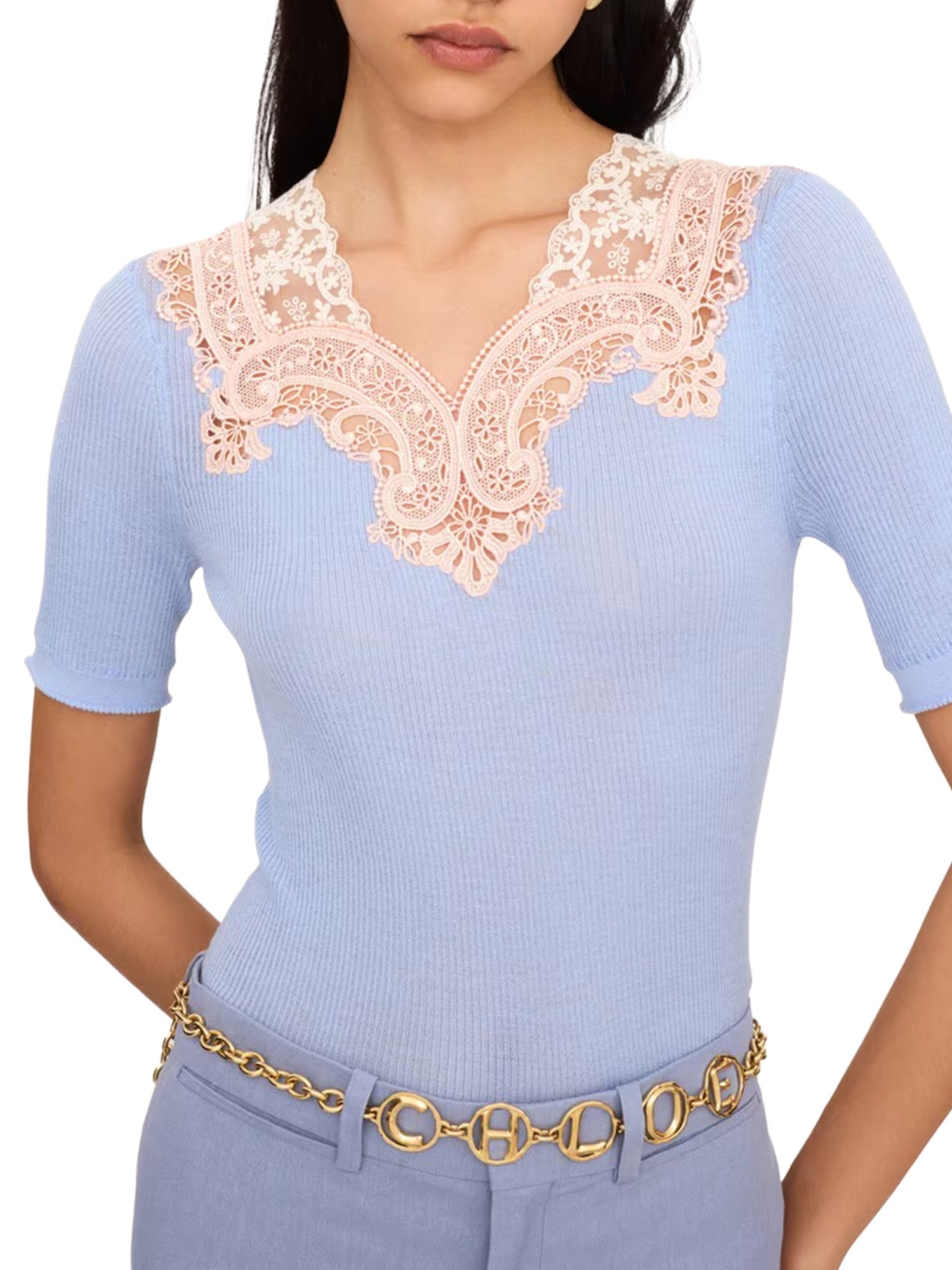 Wool Knit and Lace Elbow-Sleeve Fitted Sweater