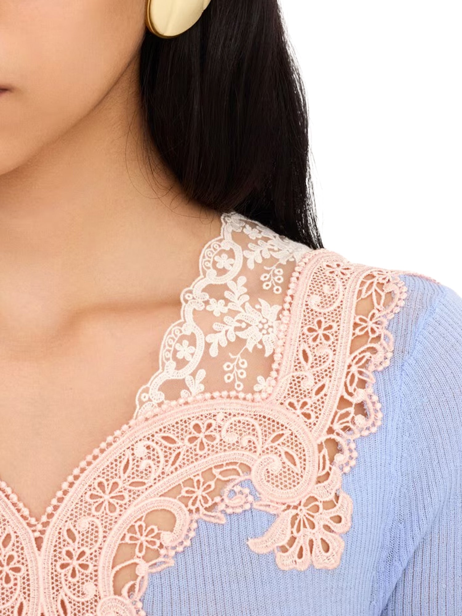 Wool Knit and Lace Elbow-Sleeve Fitted Sweater