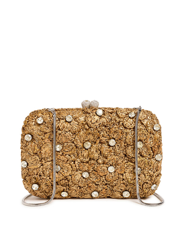 Ayana Embellished Gold Raffia Clutch