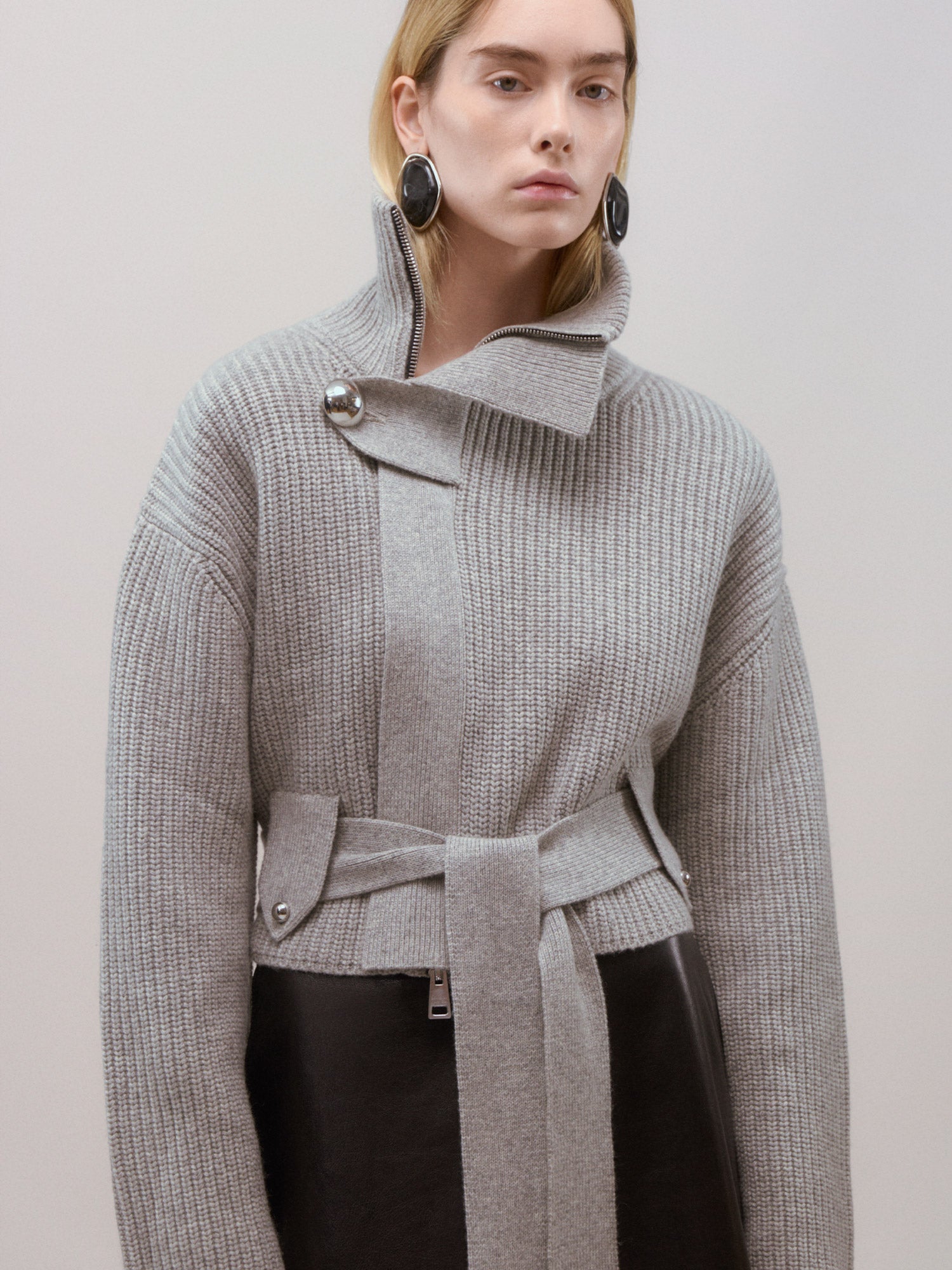 Neal Zip-Front Belted Cashmere Sweater