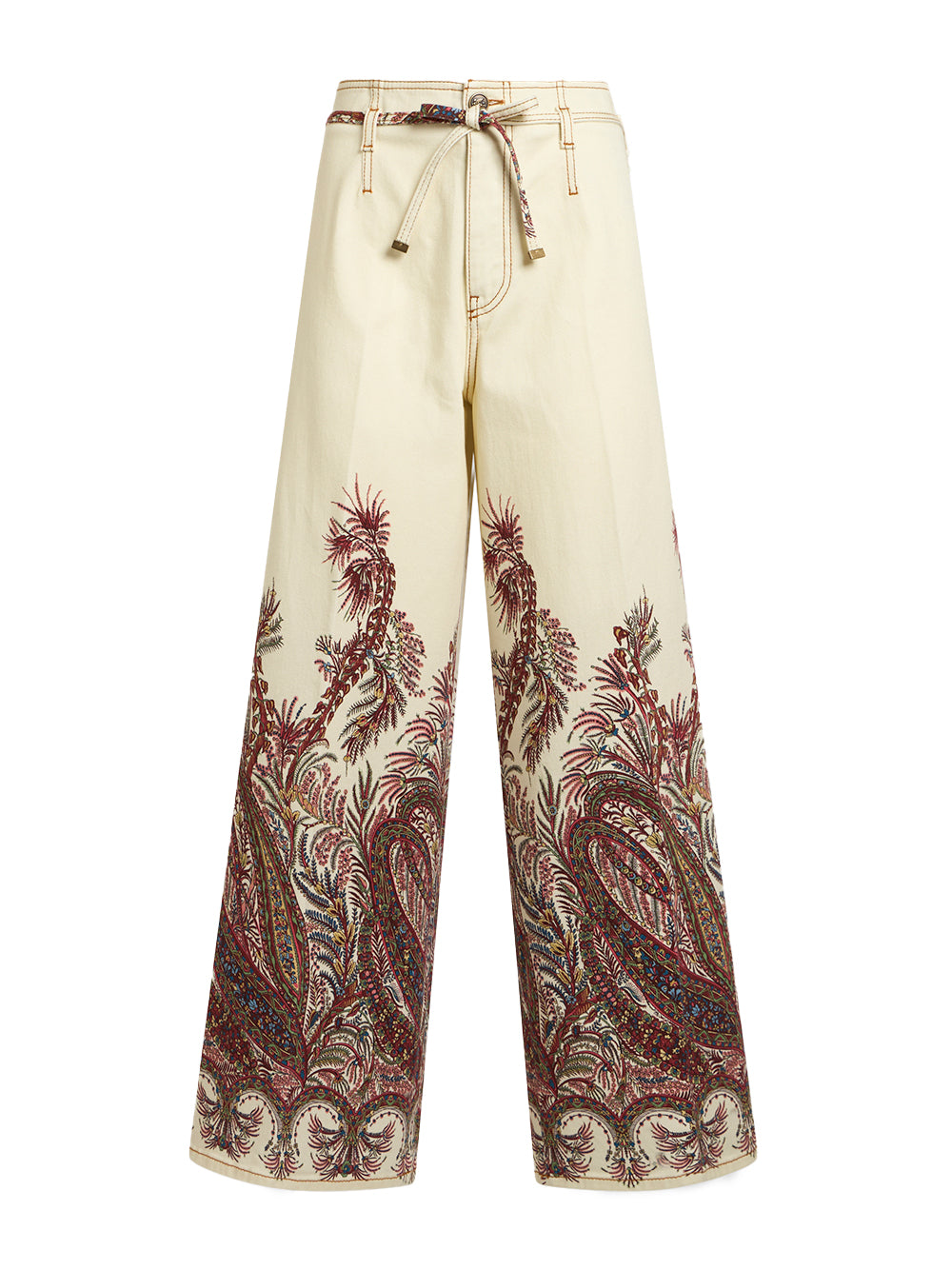 Printed Belted Wide-Leg Denim Pants