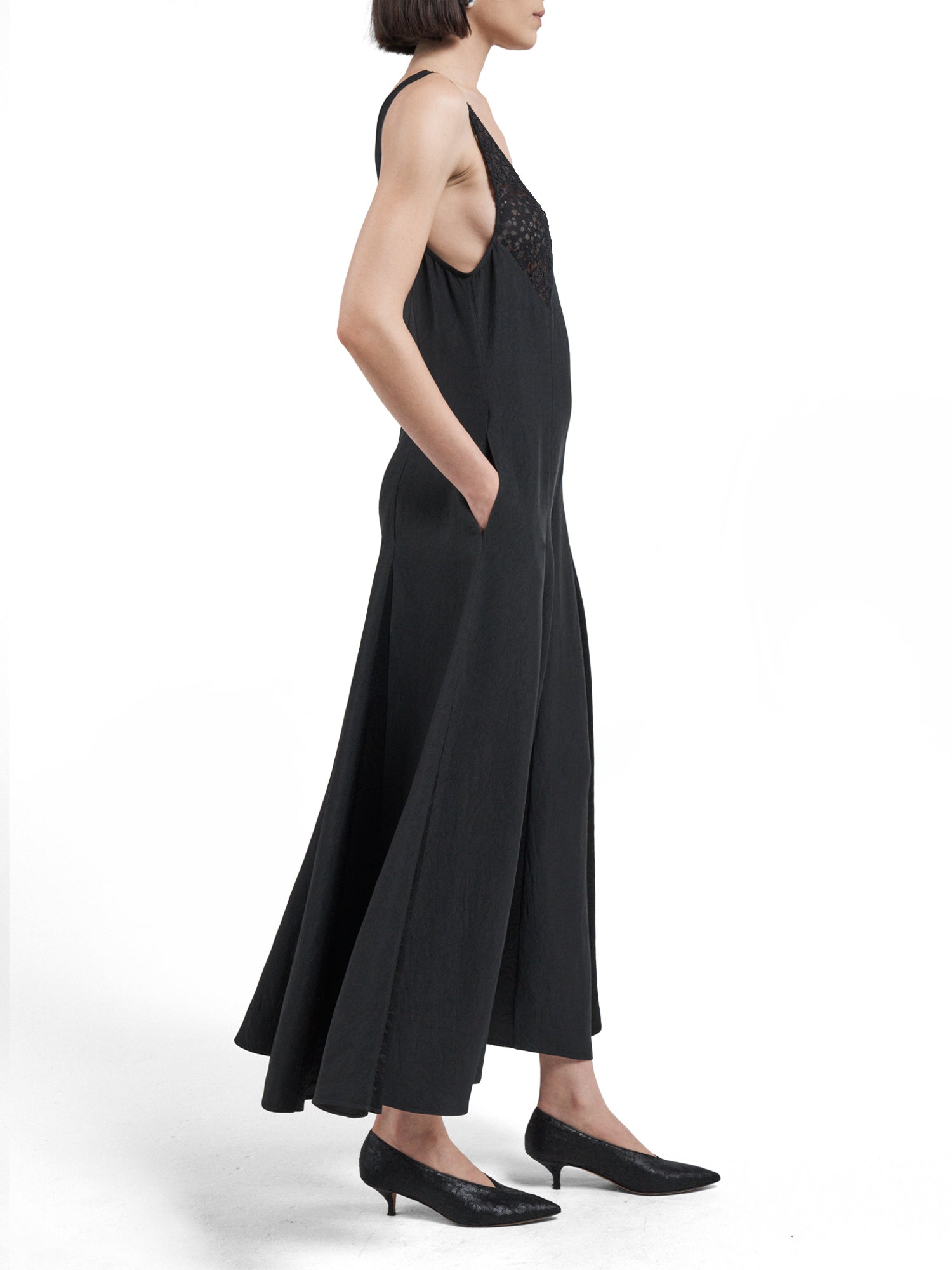V-Neck Lace Detail Midi Dress