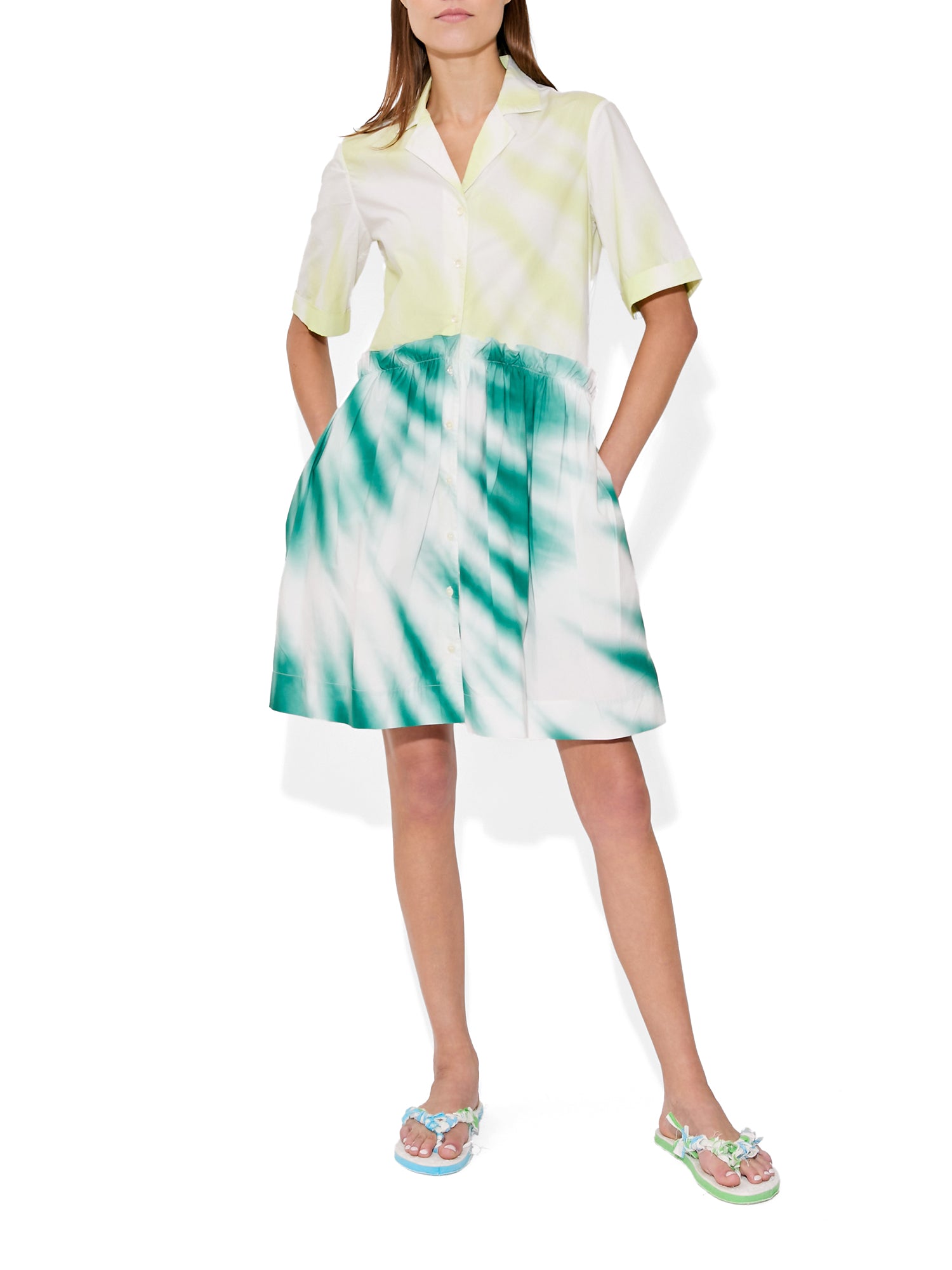 Tie-Dye Cotton Poplin Mini Gathered Shirtdress