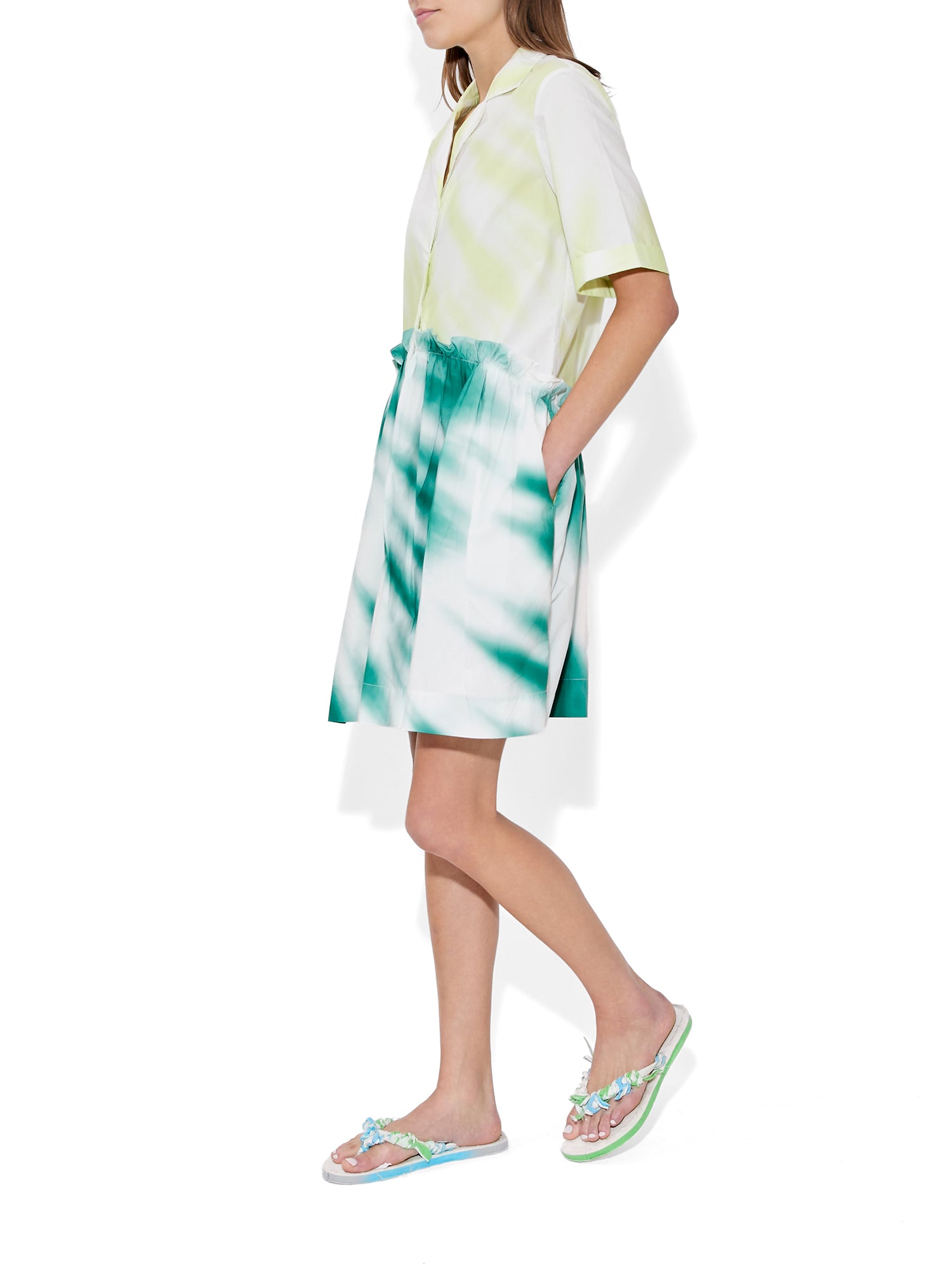 Tie-Dye Cotton Poplin Mini Gathered Shirtdress