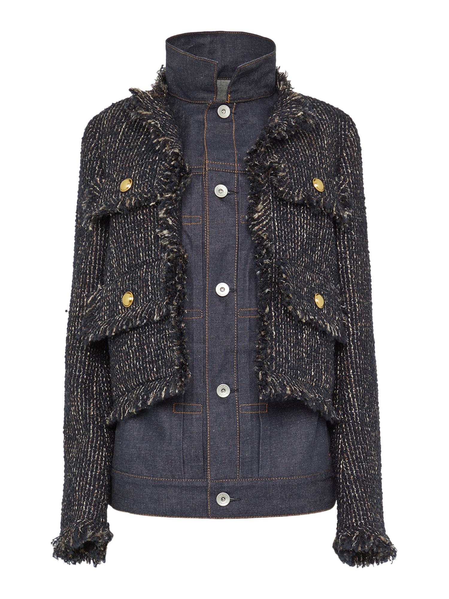 sacai ボーダーフーディ ポンチョ ワンピース 2 23-06489 Sacai | Tweed and Denim Layered Jacket – Kirna Zabête