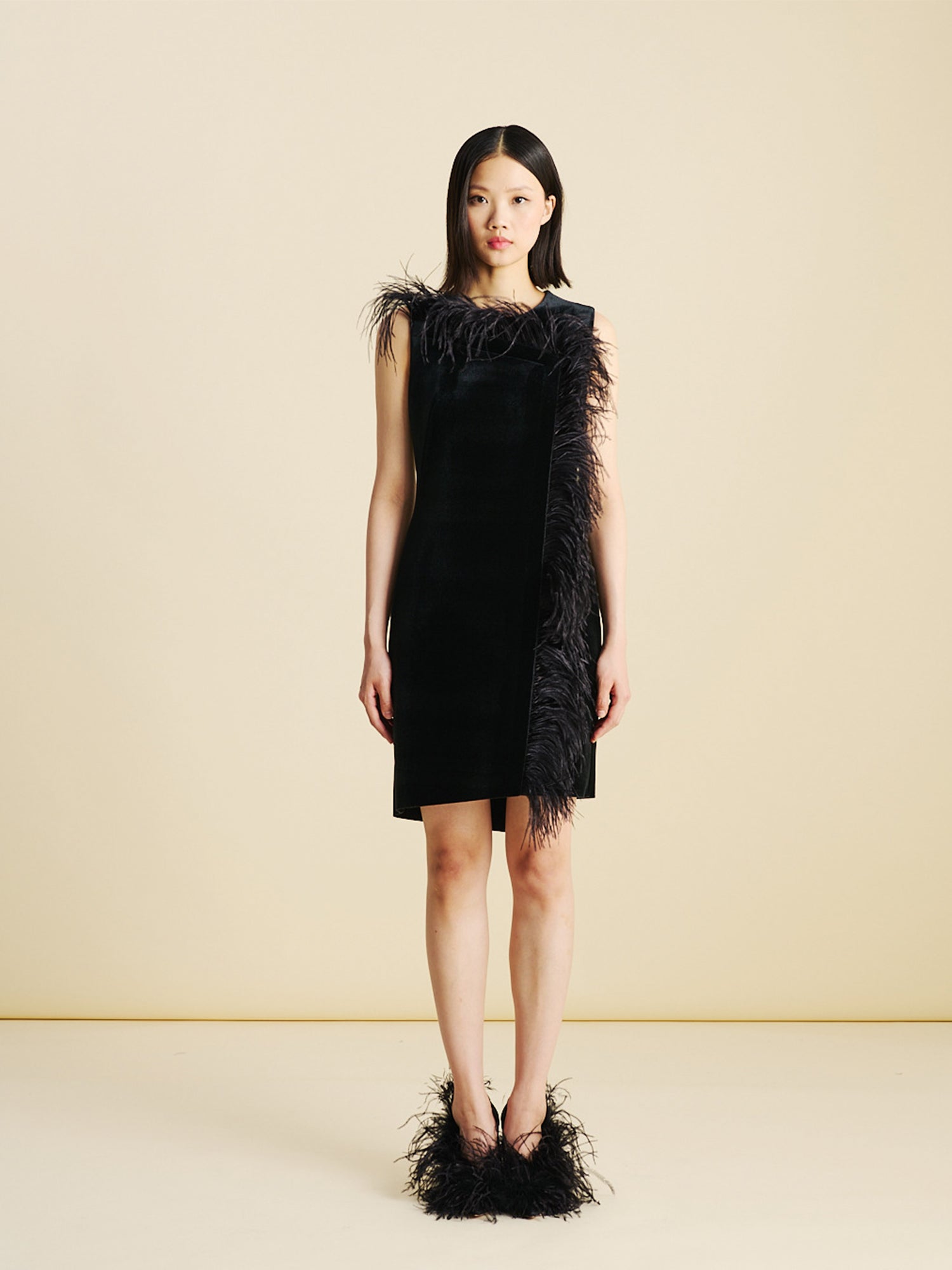 Feather-Trim Short Dress