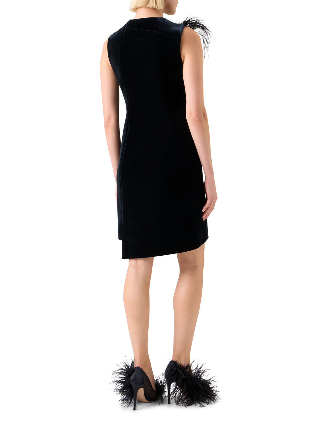 Short Velvet Neoprene Dress with Feather Trim Black / 8 Short Velvet Neoprene Dress with Feather Trim Black / 8