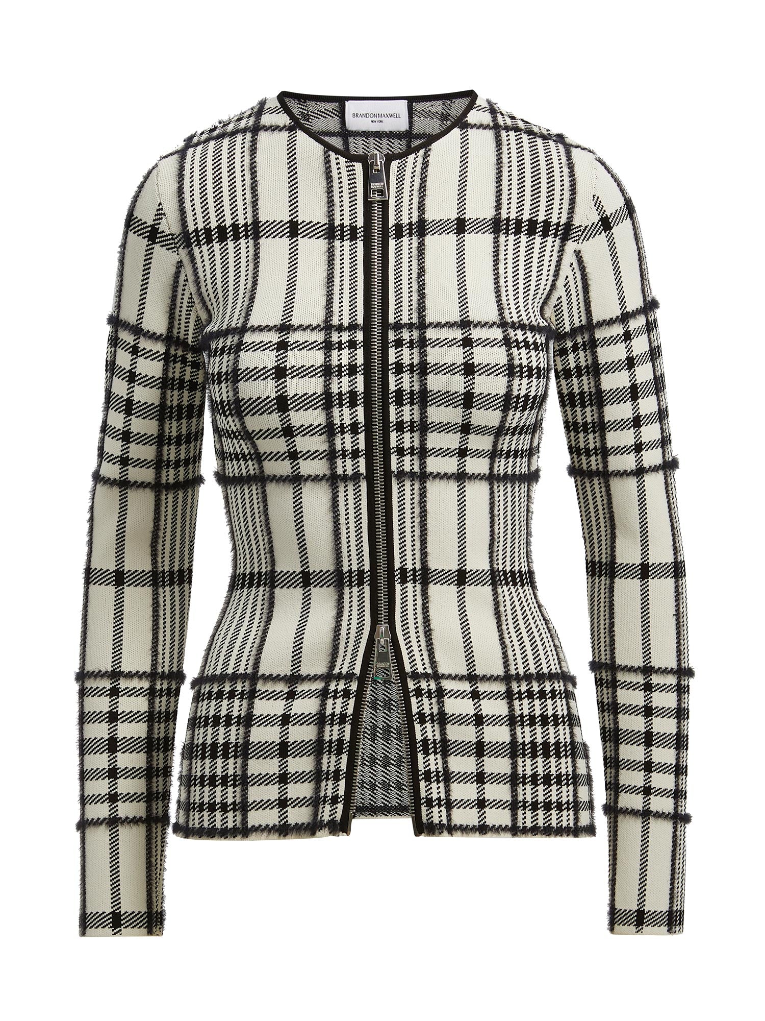 Greer Zip Front Plaid Jacquard Knit Cardigan