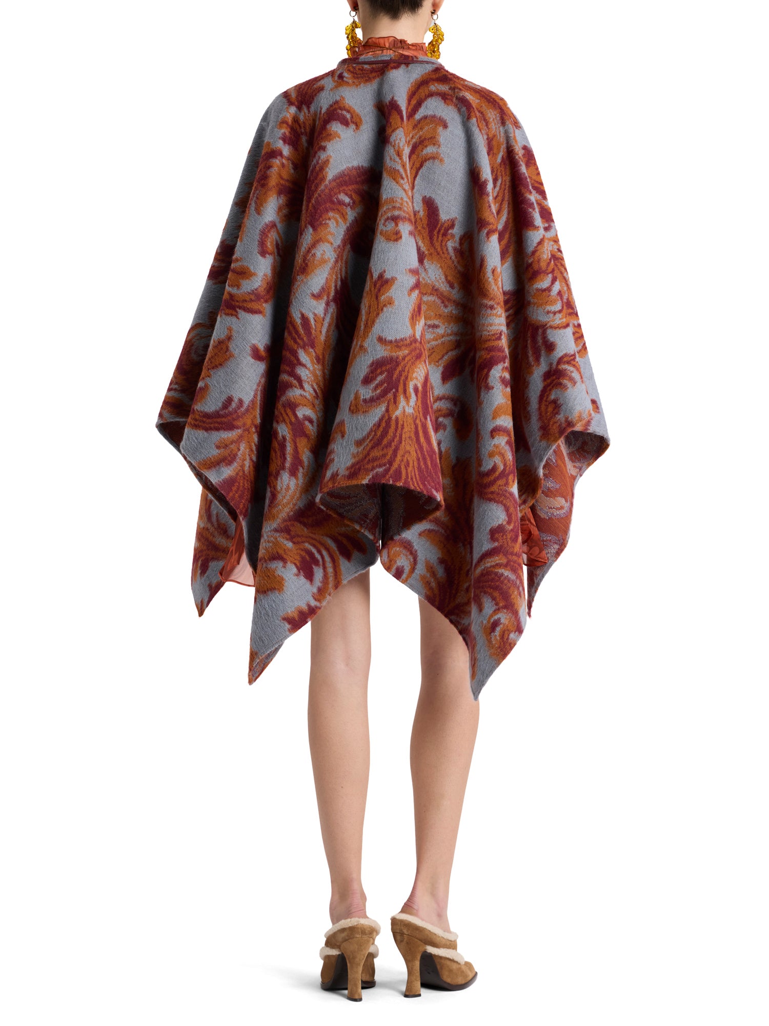 Wool-Blend Cape with Leafy Jacquard Motif