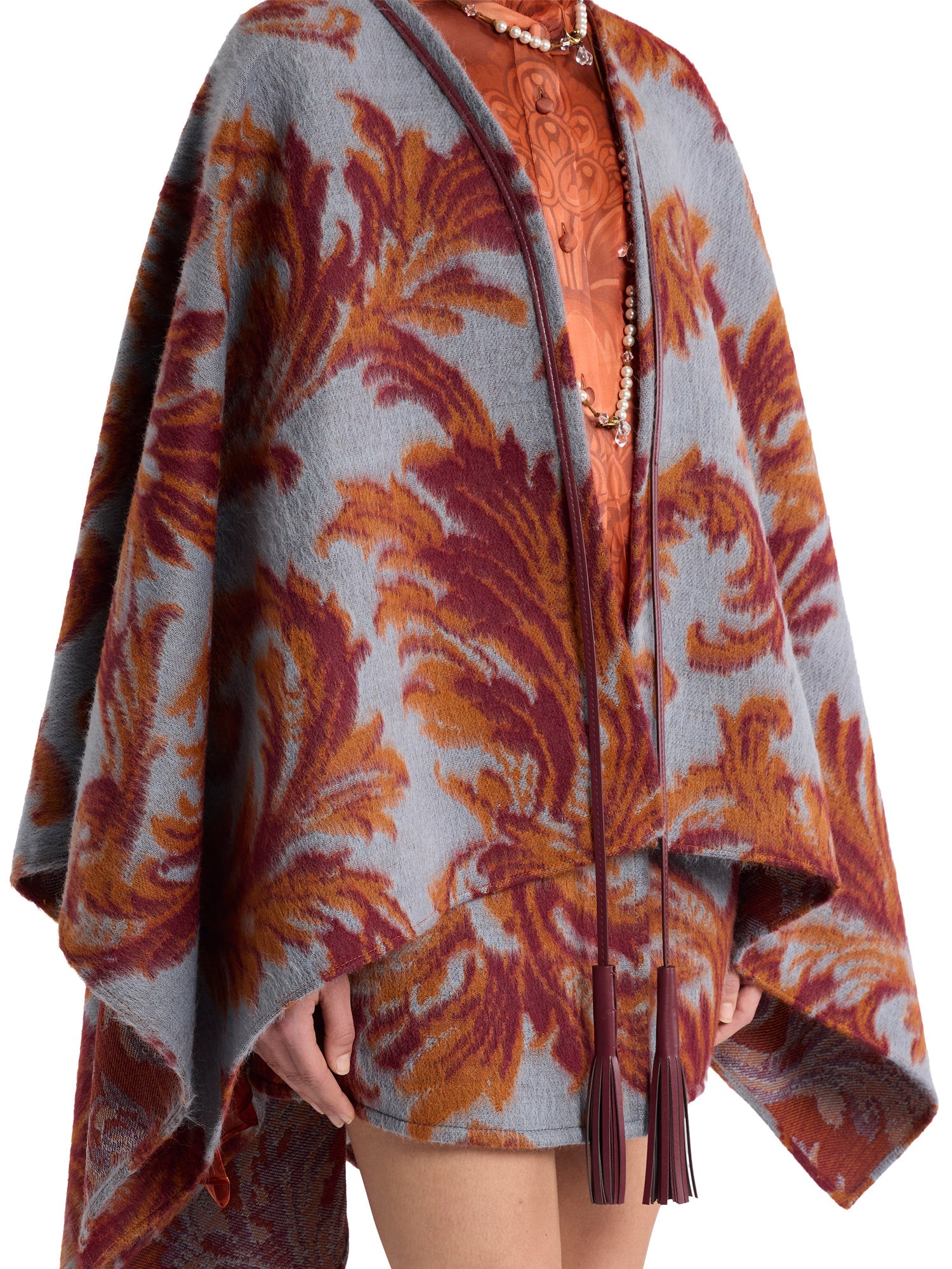 Wool-Blend Cape with Leafy Jacquard Motif