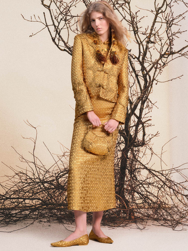 johanna ortiz gold dress Johanna Ortiz Ideal Universe Jacquard Midi Dress