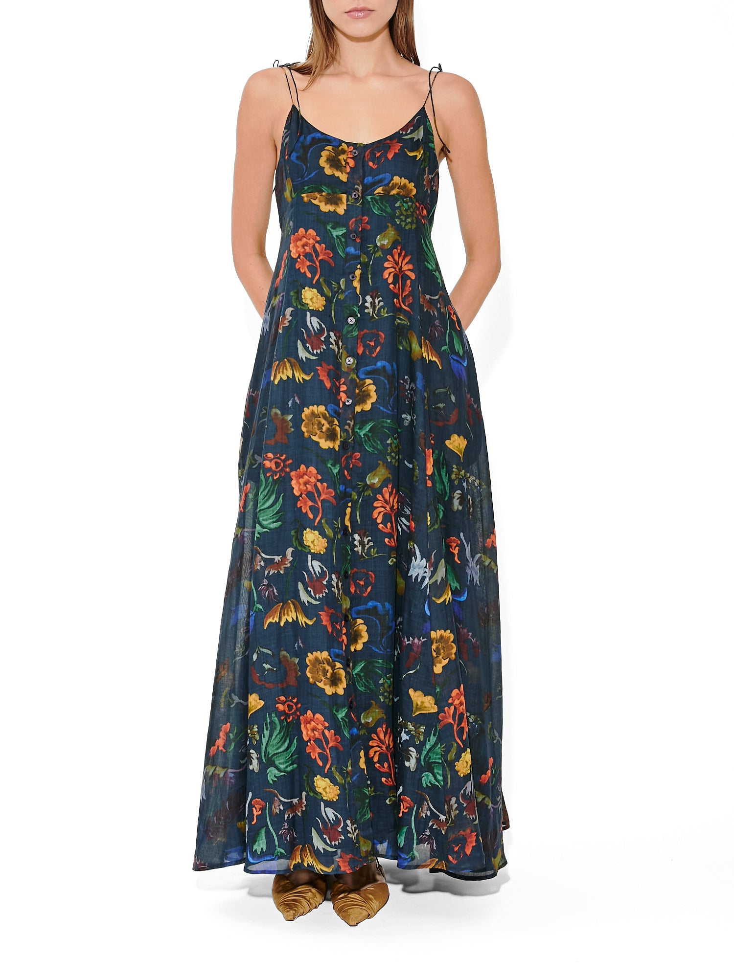 Floral Printed Ramie High Garden Maxi Dress