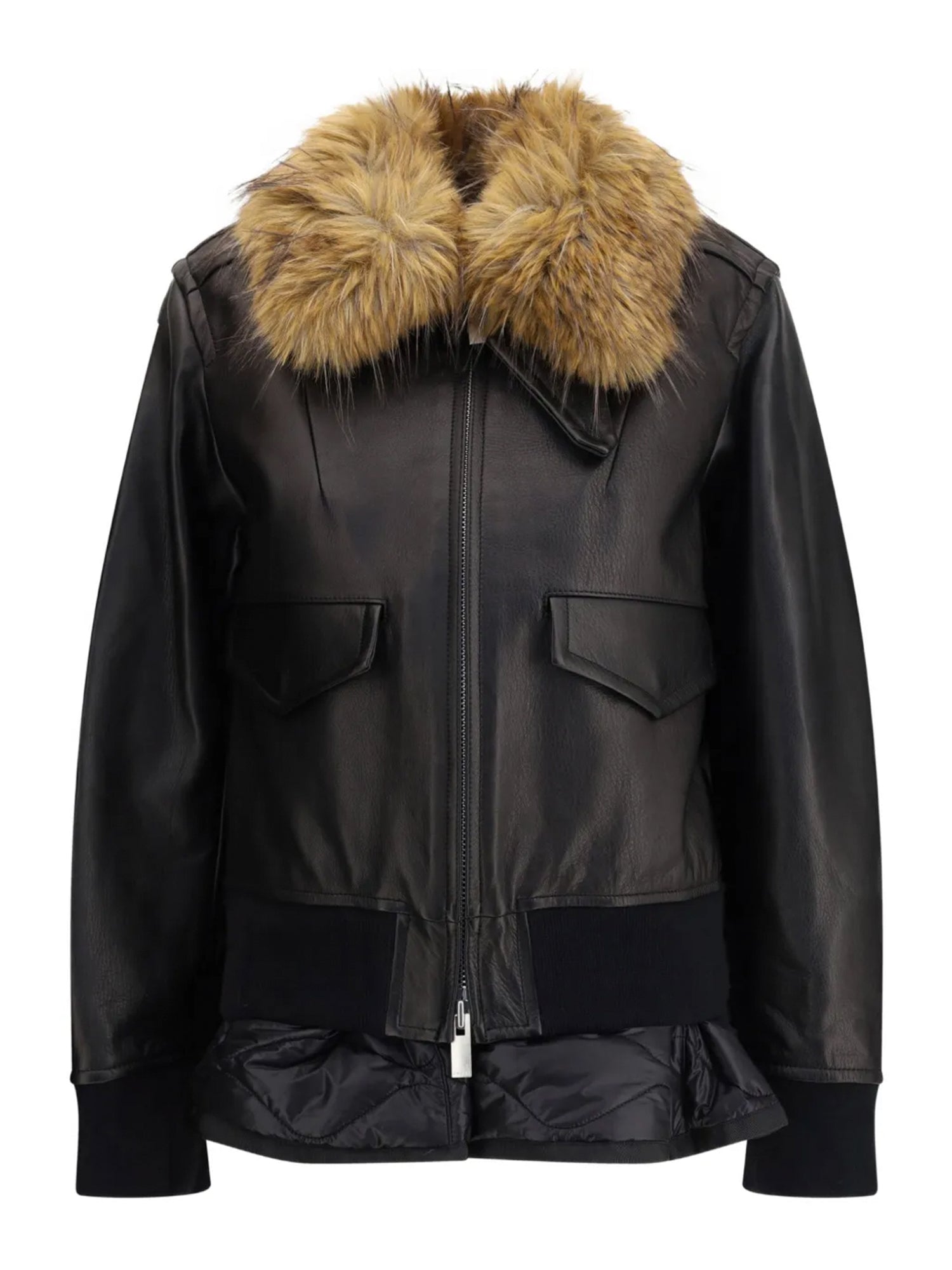Layered Leather Blouson with Faux-Fur Collar
