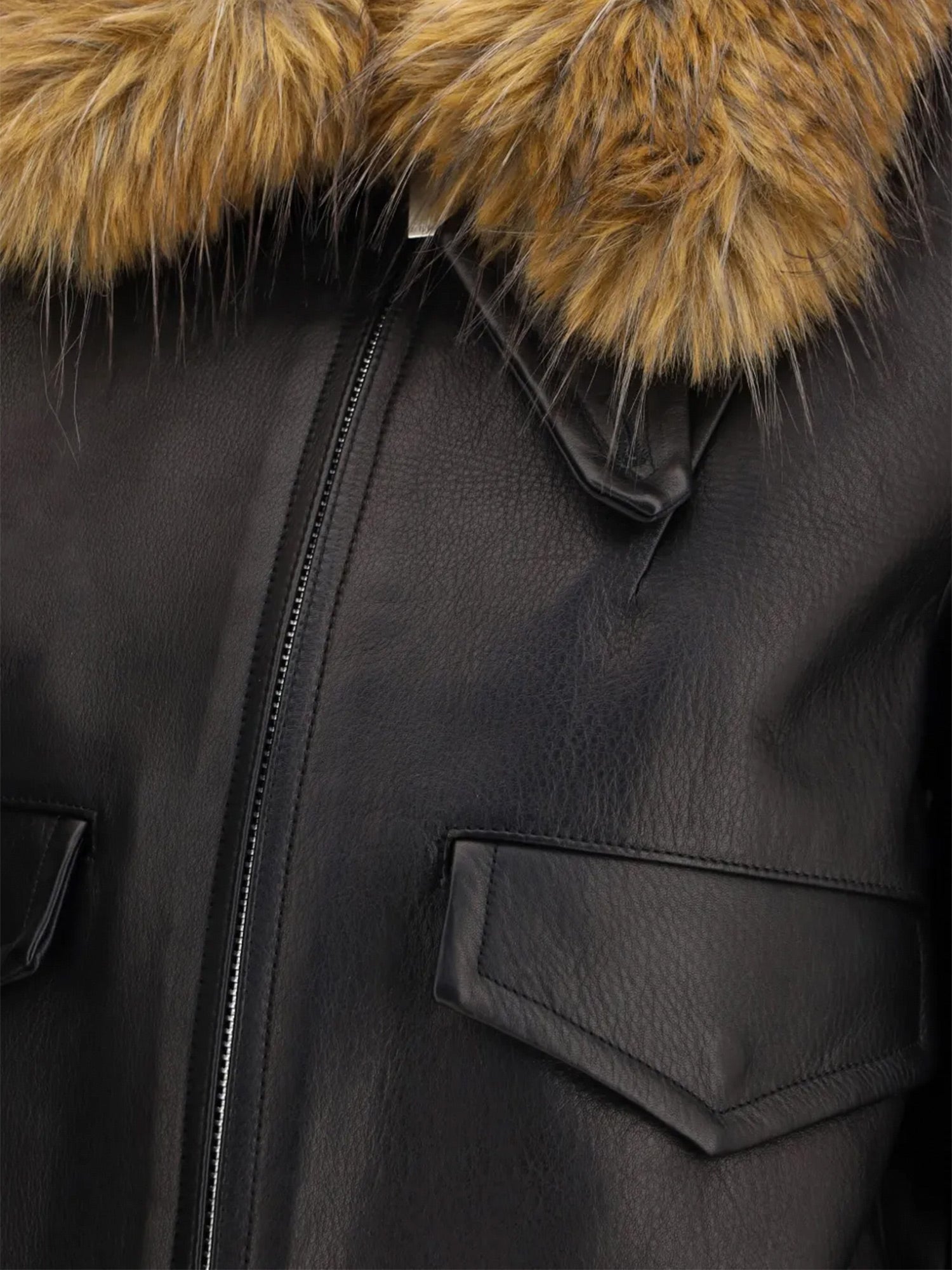 Layered Leather Blouson with Faux-Fur Collar
