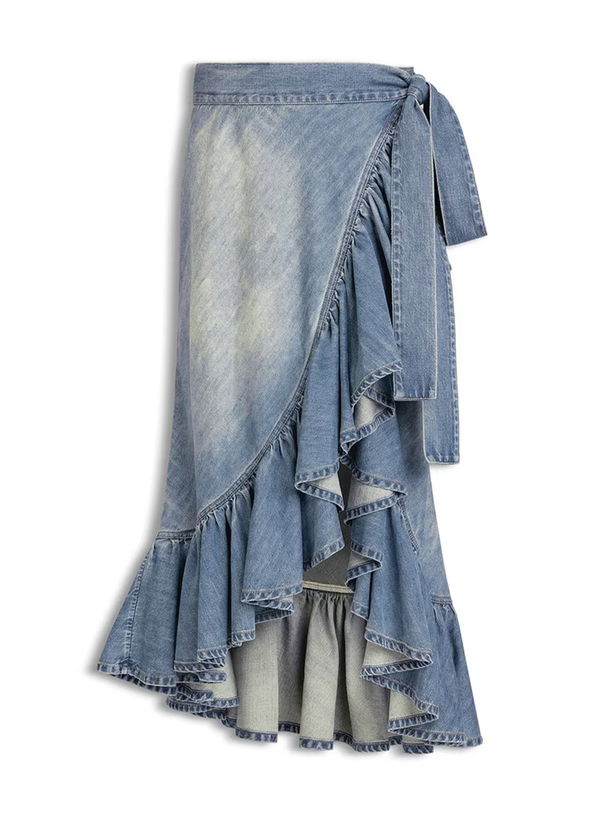 Ruffle Denim Wrap Midi Skirt