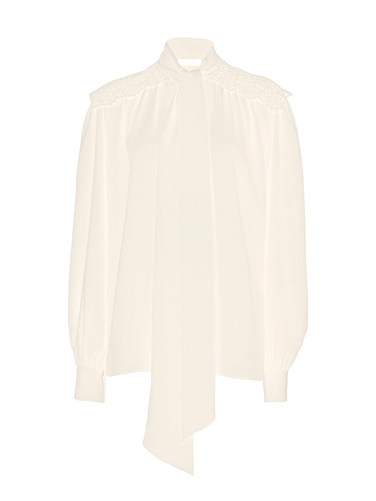 Crêpe de Chine and Lace Gathered Scarf-Tie Blouse