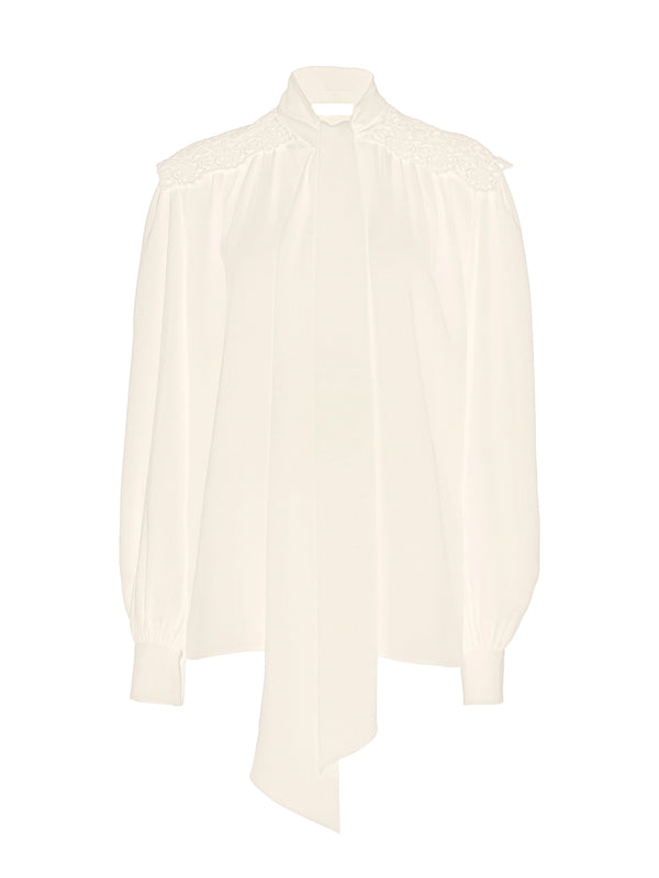 Crêpe de Chine and Lace Gathered Scarf-Tie Blouse