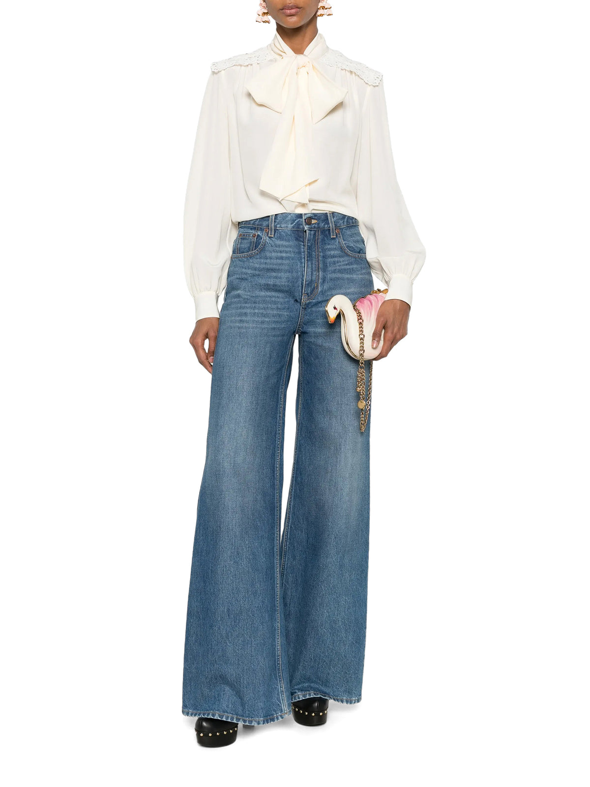 Crêpe de Chine and Lace Gathered Scarf-Tie Blouse