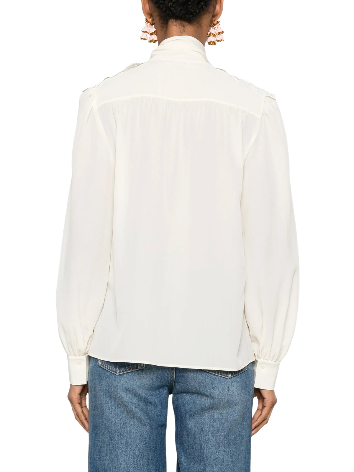 Crêpe de Chine and Lace Gathered Scarf-Tie Blouse