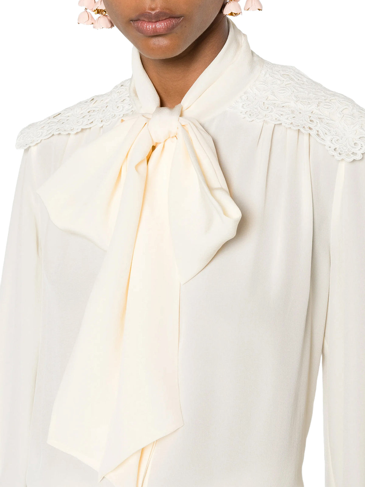 Crêpe de Chine and Lace Gathered Scarf-Tie Blouse