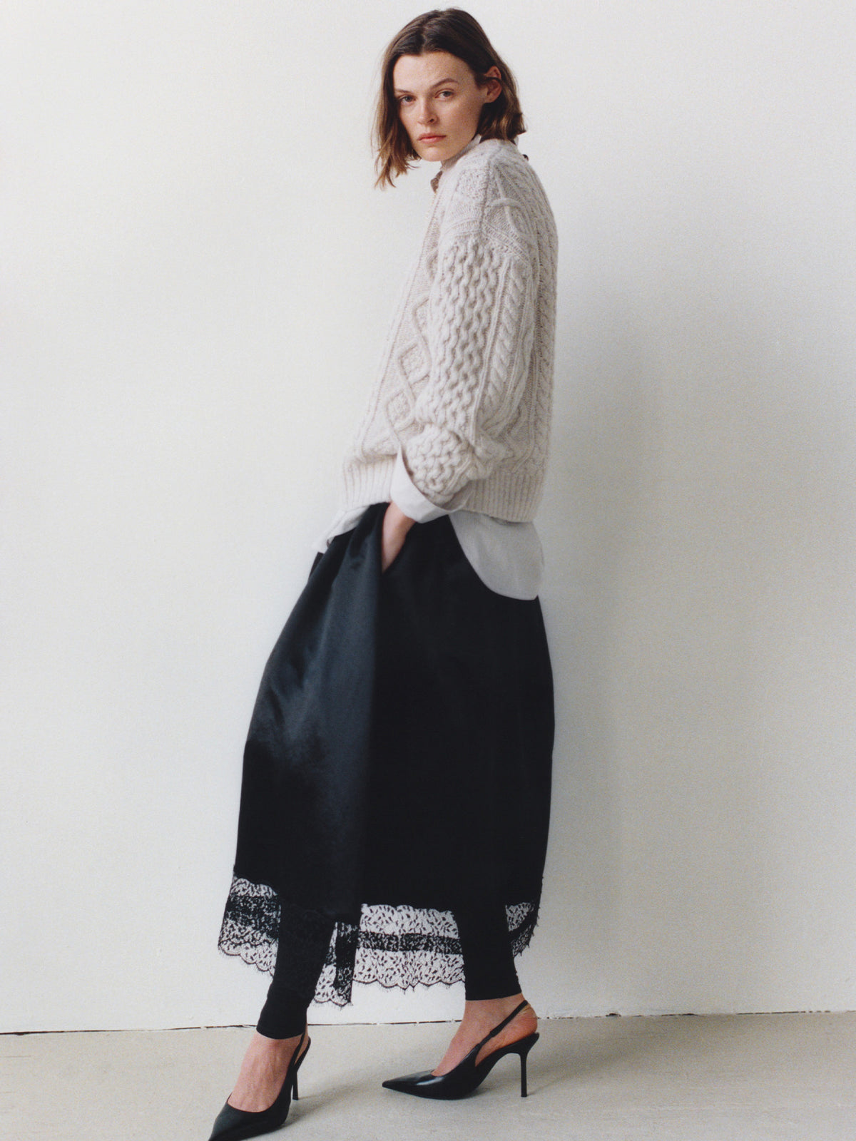 Lace-Trim Gathered Midi Skirt