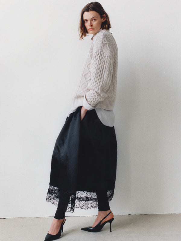 Lace-Trim Gathered Midi Skirt