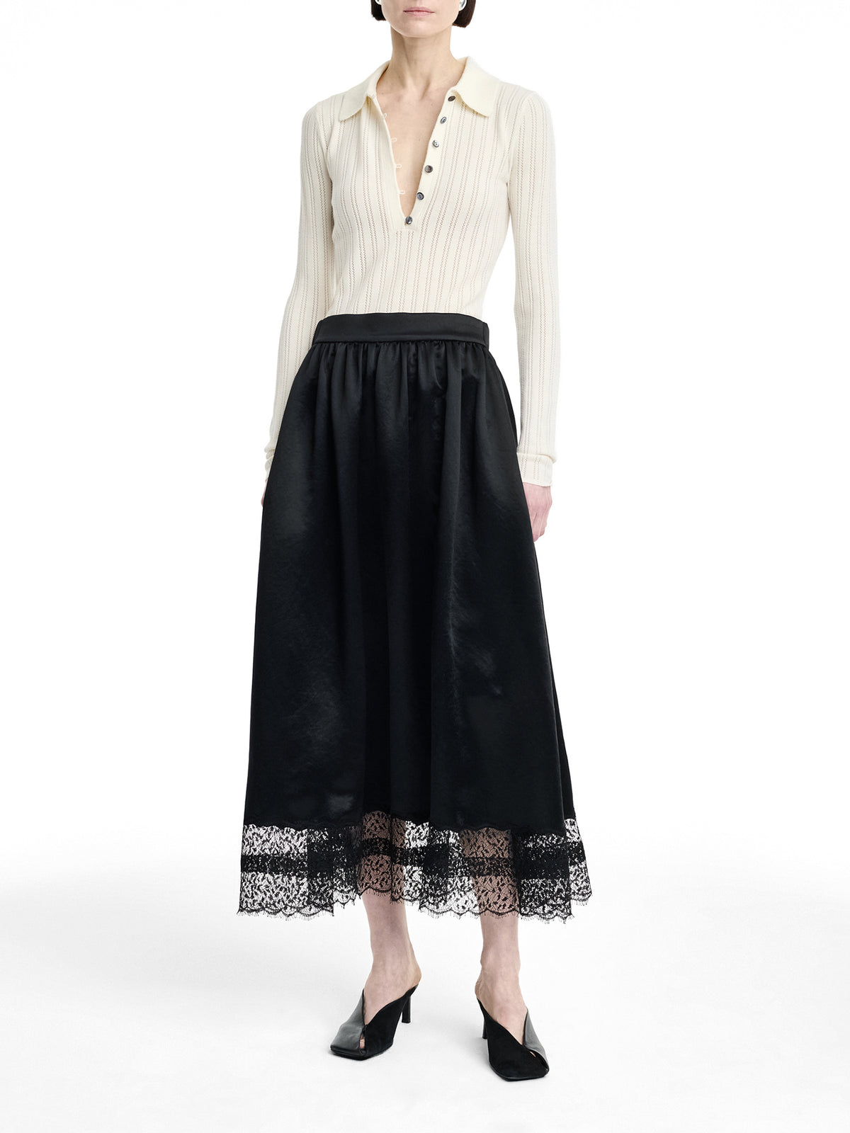 Lace-Trim Gathered Midi Skirt