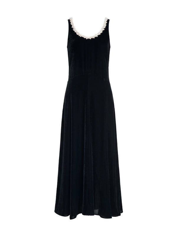Pearl Trim Scoop Godet Midi Dress
