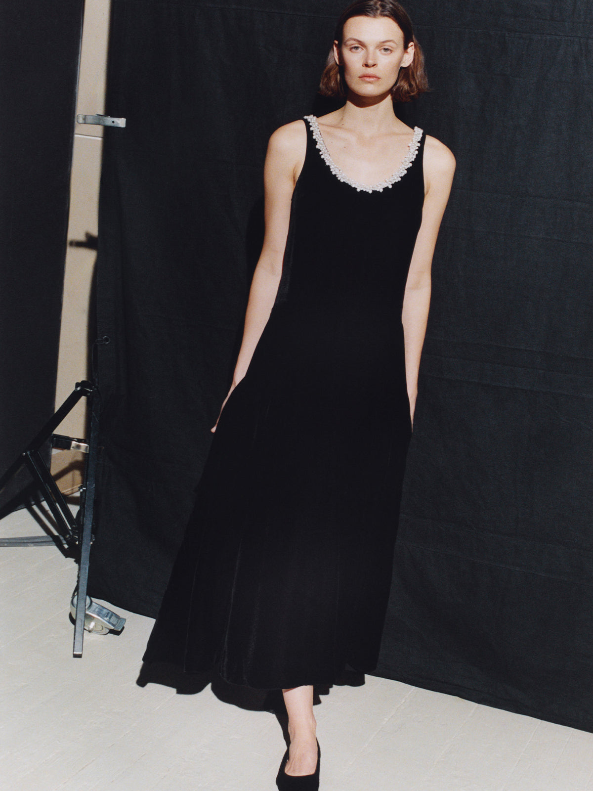 Pearl Trim Scoop Godet Midi Dress