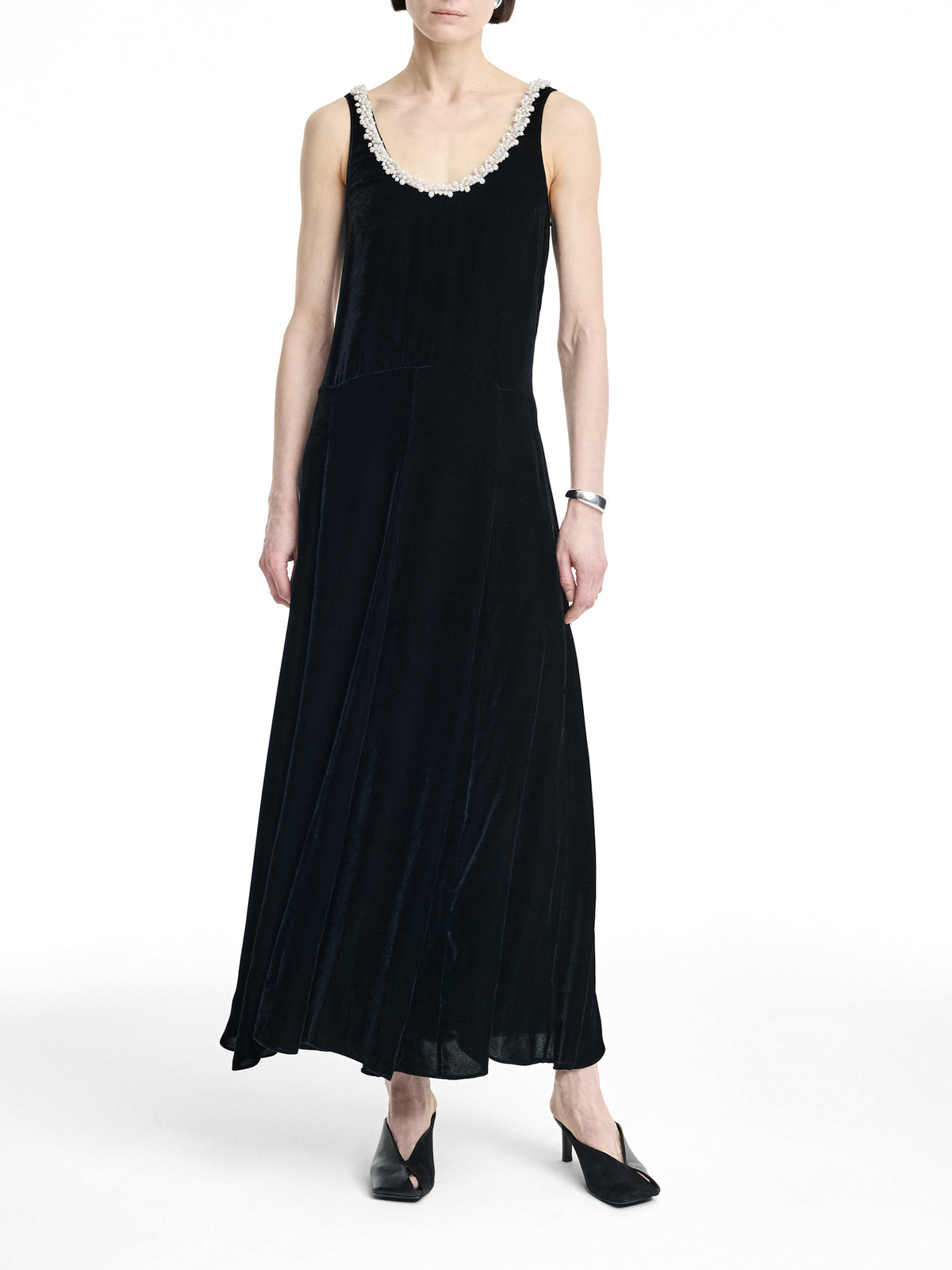 Pearl Trim Scoop Godet Midi Dress