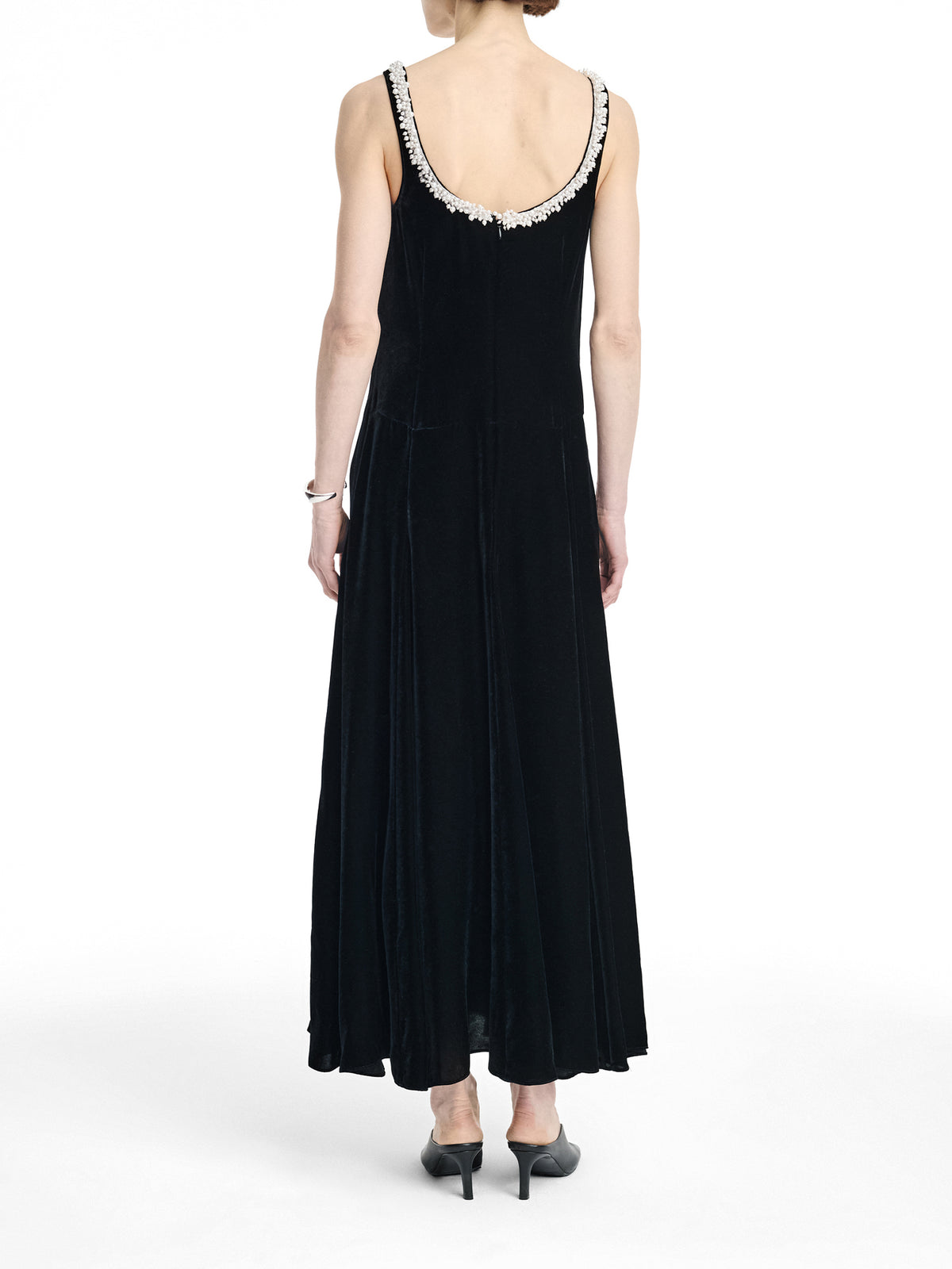 Pearl Trim Scoop Godet Midi Dress