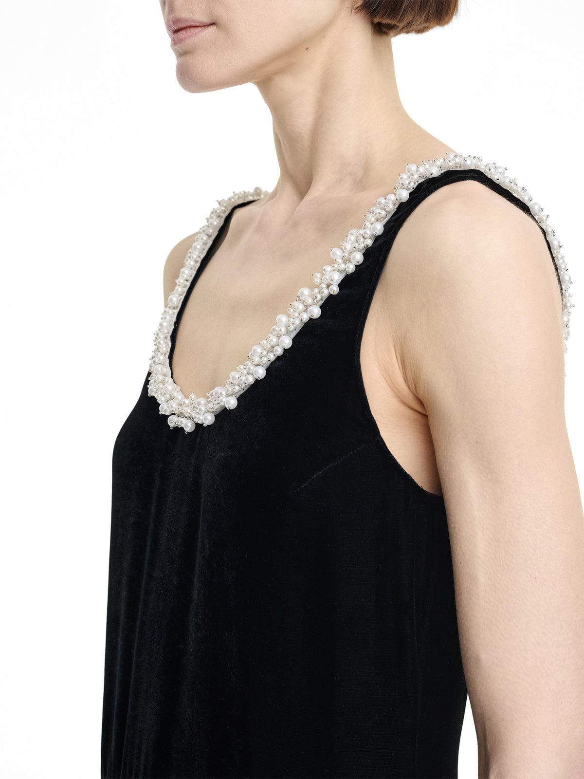 Pearl Trim Scoop Godet Midi Dress