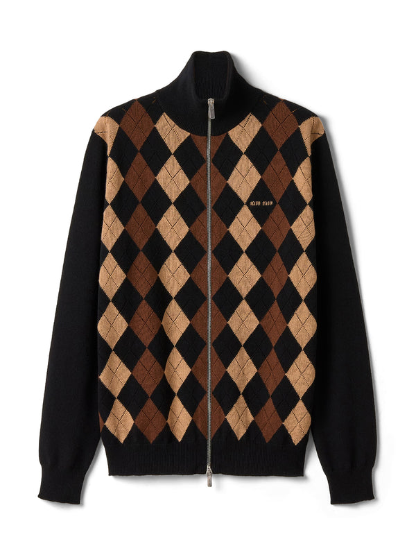 Argyle Cashmere Zip-Up Cardigan