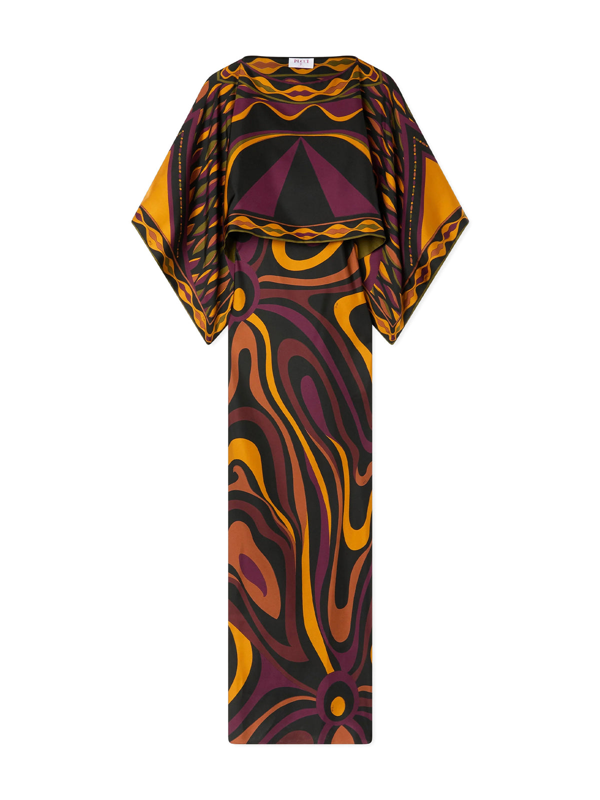 Marmo Print Silk Maxi Dress with Cape