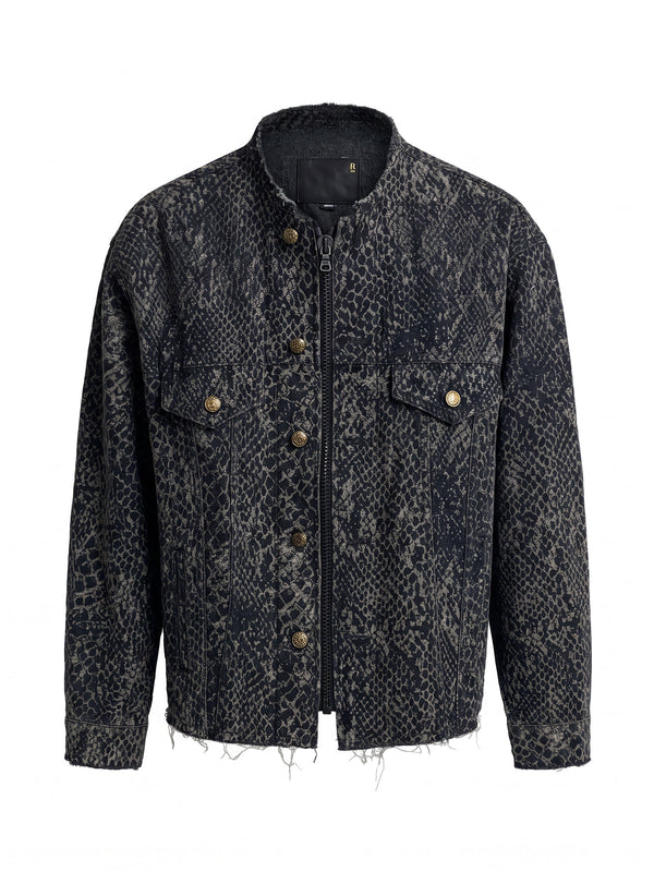 Snake Jacquard Collarless Zip-Up Trucker Jacket