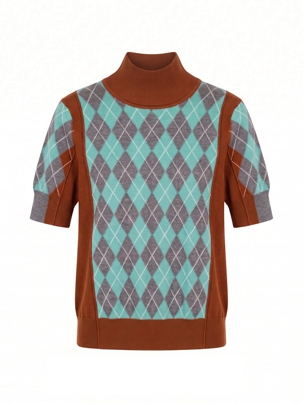 Melani Argyle Merino Short-Sleeve Sweater