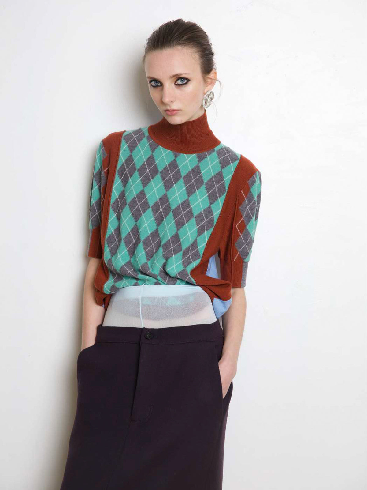 Melani Argyle Merino Short-Sleeve Sweater