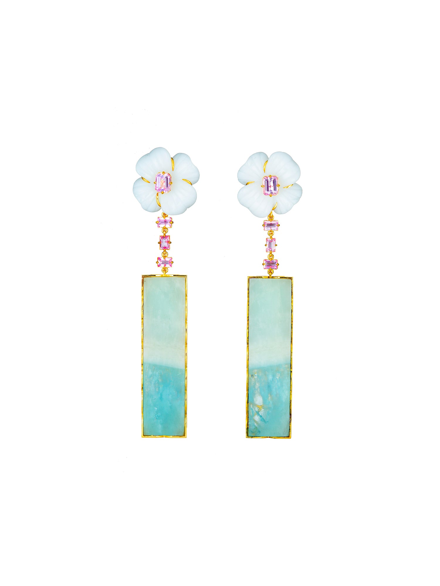 Blue Aquamarine Earrings on White Agate Flower with Pink Sapphires