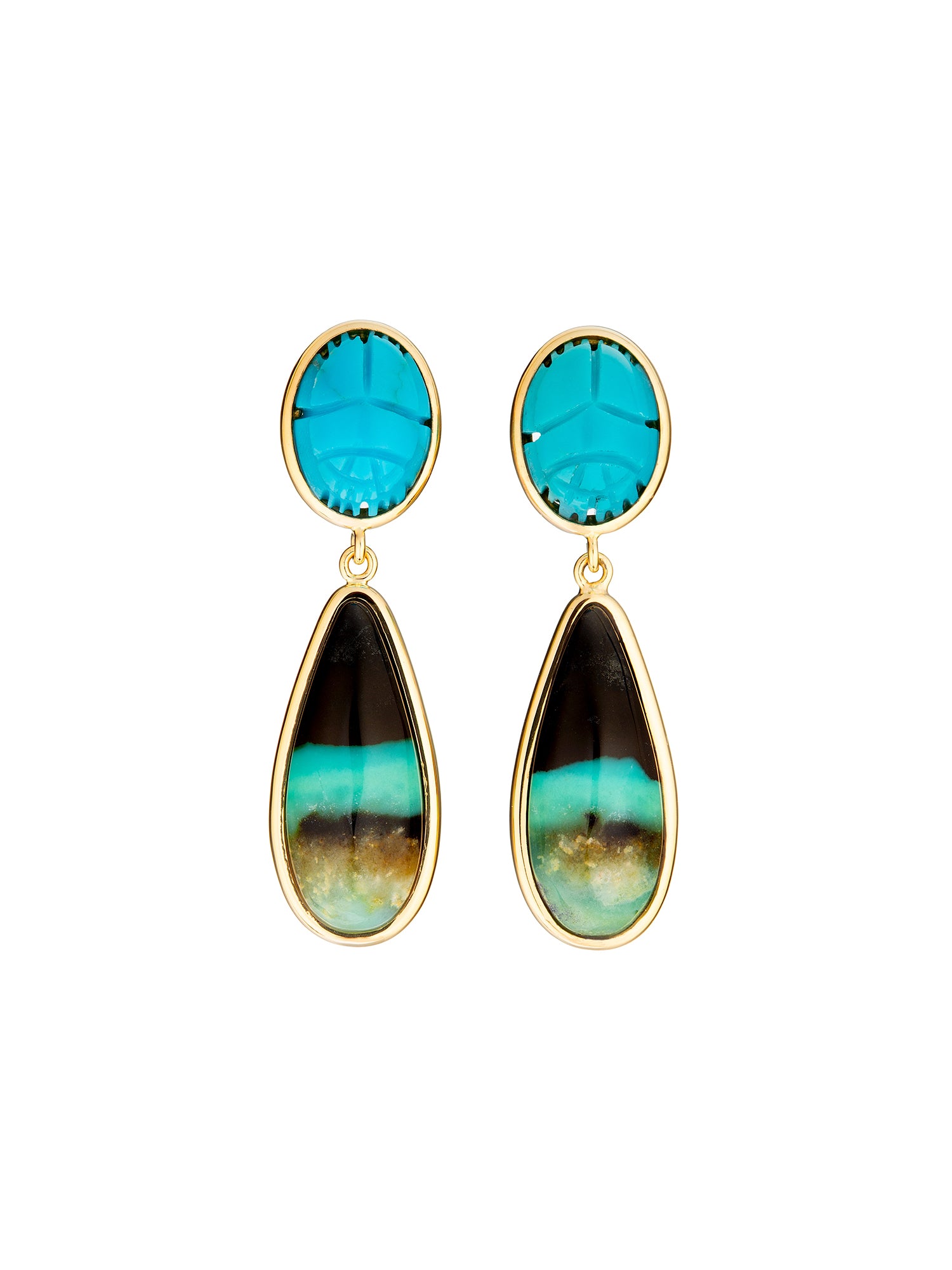 Colorful Petrified Opal Drop Earrings on Turquoise Scarabs